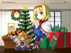 Rule 34 | 1girl, alice margatroid, basket, bell, blonde hair, blue eyes, blush, bow, bowtie, christmas, christmas ornaments, christmas tree, cookie, doll, closed eyes, female focus, food, gift, gotyou, hair bow, hairband, long hair, photo (object), ribbon, scarf, shanghai doll, short hair, sitting, skirt, smile, snow, solo, star (symbol), touhou, window, wings, winter, wreath