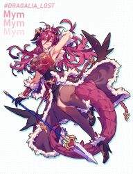 1girl ;) armpits blush breasts character_name dragalia_lost dragon_girl dragon_horns dragon_tail dragon_wings faithom fur_trim gloves gold_trim hair_between_eyes hashtag high_heels highres holding holding_polearm holding_weapon horns large_breasts long_hair long_hair_between_eyes looking_at_viewer low_wings mym_(dragalia_lost) one_eye_closed panties panty_peek polearm red_hair simple_background sleeveless smile solo tail thighhighs thighs underwear very_long_hair weapon wings yellow_eyes