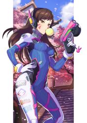 Rule 34 | 1girl, armor, bodysuit, boots, bracer, breasts, brown eyes, brown hair, blowing bubbles, chewing gum, cowboy shot, d.va (overwatch), facepaint, facial mark, finger on trigger, gloves, gun, hand up, headphones, highres, holding, holding gun, holding weapon, kotatsu (g-rough), long hair, long sleeves, medium breasts, overwatch, overwatch 1, pauldrons, petals, pilot suit, ribbed bodysuit, shoulder armor, shoulder pads, skin tight, solo, thigh boots, thigh strap, thighhighs, turtleneck, weapon, whisker markings, white footwear, white gloves