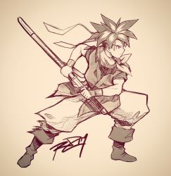 Rule 34 | 1boy, bad id, bad twitter id, boots, chrono trigger, crono (chrono trigger), from side, full body, graphite (medium), greyscale, headband, highres, male focus, monochrome, neckerchief, robaato, serious, sheath, signature, solo, spiked hair, sword, traditional media, unsheathing, weapon, wristband