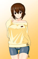 Rule 34 | 1girl, absurdres, arm behind back, artist name, bare shoulders, bike shorts, black shorts, brown eyes, brown hair, cameltoe, closed mouth, clothes writing, commentary, cowboy shot, girls und panzer, gluteal fold, gradient background, highres, long sleeves, looking at viewer, loungewear, nandemo kanden, nishizumi maho, off-shoulder sweater, off shoulder, orange background, short hair, shorts, signature, smile, solo, standing, sweater, thigh gap