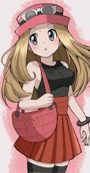 Rule 34 | 1girl, :o, bag, bare shoulders, black shirt, black thighhighs, blonde hair, cowboy shot, creatures (company), emapippi, eyewear on headwear, game freak, grey eyes, hat, highres, long hair, looking to the side, nintendo, open mouth, pleated skirt, pokemon, pokemon xy, red bag, red hat, red skirt, serena (pokemon), shirt, shoulder bag, skirt, sleeveless, sleeveless shirt, solo, thighhighs