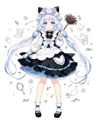 Rule 34 | 1girl, black footwear, blue bow, blue eyes, blue hair, bow, bright pupils, cup, duster, full body, hair bow, highres, holding, holding duster, looking at viewer, low twintails, maid, nez39, original, parted lips, simple background, socks, solo, teacup, teapot, twintails, twitter username, white background, white pupils, white socks