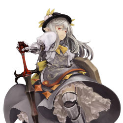 Rule 34 | 1girl, alternate costume, alternate hair color, bow, buronko, buront, buront (cosplay), cosplay, elf, female focus, final fantasy, final fantasy xi, food, frills, fruit, garter straps, grey hair, hat, highres, hinanawi tenshi, long hair, paladin (final fantasy), peach, pointy ears, red eyes, shield, simple background, skirt, solo, sword, touhou, weapon, yunar