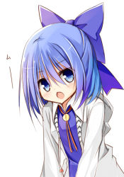 Rule 34 | 1girl, blue eyes, blue hair, bow, cirno, contemporary, hair bow, jacket, unworn jacket, looking at viewer, matching hair/eyes, open mouth, solo, touhou, upper body, yuuhagi (amaretto-no-natsu)