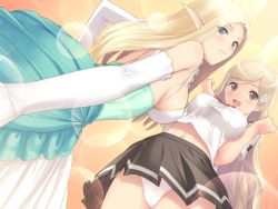 Rule 34 | 00s, 2girls, bare shoulders, blonde hair, blush, breasts, brown eyes, date wingfield reiko, dress, elbow gloves, fault!!, game cg, gloves, green eyes, happy, hayama rika, large breasts, long hair, looking at viewer, multiple girls, open mouth, panties, pointy ears, school uniform, simple background, skirt, smile, standing, tony taka, underwear, white gloves