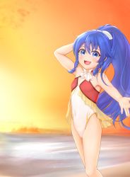Rule 34 | 1girl, aged down, arm behind head, arm up, armpits, beach, blue eyes, blue hair, bow, braid, breasts, casual one-piece swimsuit, cloud, covered navel, fire emblem, fire emblem: the sacred stones, fire emblem heroes, hair bow, highres, long hair, looking at viewer, nintendo, ocean, one-piece swimsuit, open mouth, otimizu3320, outdoors, outstretched arm, outstretched hand, ponytail, ribbon, sky, small breasts, smile, solo, sunset, swimsuit, tana (fire emblem), tana (summer) (fire emblem), thighs, twin braids, white one-piece swimsuit