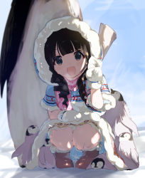 Rule 34 | 1girl, :d, animal, artist request, backlighting, bird, black eyes, black hair, blue dress, blue sky, blunt bangs, blush, boots, breath, brown footwear, day, dot nose, dress, emperor penguin, frills, fur-trimmed boots, fur-trimmed dress, fur-trimmed hood, fur-trimmed sleeves, fur trim, hand up, hood, hood up, idolmaster, idolmaster cinderella girls, long hair, looking at viewer, looking up, low twintails, mittens, nose blush, open mouth, outdoors, penguin, pink scarf, pom pom (clothes), scarf, short sleeves, sky, smile, snow, solo, squatting, tareme, twintails, ujiie mutsumi, v, white mittens, winter clothes