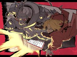 Rule 34 | 2boys, absurdres, ahoge, alphonse elric, armor, artist name, blonde hair, bonesaw (artist), boots, braid, brothers, closed mouth, coat, edward elric, explosion, flamel symbol, full armor, full body, fullmetal alchemist, gloves, glowing, grey background, halftone, highres, jumping, letterboxed, long hair, male focus, multiple boys, outline, outside border, paint splatter, pants, parted bangs, red background, red coat, red eyes, siblings, smile, spiked helmet, twitter username, v-shaped eyebrows, white outline, yellow eyes