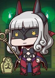 Rule 34 | 1girl, april fools, blush stickers, carmilla (fate), chibi, fate/grand order, fate (series), iron maiden, mask, riyo (lyomsnpmp), smiley face, solid circle eyes, solo, staff, white hair