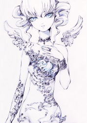Rule 34 | 1girl, ballpoint pen (medium), blue eyes, bracelet, charmal, color ink (medium), curly hair, detached wings, dress, flower, grey hair, jewelry, necklace, ring, solo, traditional media, twintails, wings