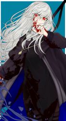 Rule 34 | 1girl, arknights, black cape, black dress, blood, blood in hair, blood on clothes, blood on face, blood on hands, blue background, border, breasts, cape, closed mouth, cowboy shot, dress, highres, holding, holding weapon, jewelry, long hair, long sleeves, looking at viewer, necklace, no headwear, red eyes, sasahara (shou goi), silver hair, smile, solo, specter (arknights), thighs, turtleneck, very long hair, weapon, white border