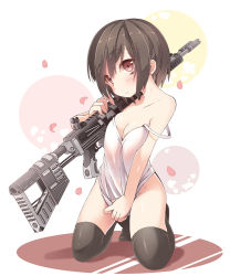 Rule 34 | 1girl, black hair, black thighhighs, camisole, chitetan, clothes pull, collarbone, dress pull, gun, hair ornament, hairclip, holding, holding gun, holding weapon, kneeling, no panties, off shoulder, original, petals, red eyes, rifle, short hair, simple background, sniper rifle, solo, strap slip, thighhighs, weapon, white background