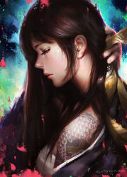 Rule 34 | 1girl, artist name, black hair, chromatic aberration, closed eyes, closed mouth, eyelashes, from side, hand in own hair, hanzo (overwatch), liang xing, lips, long hair, nose, overwatch, overwatch 1, profile, solo, tattoo, upper body