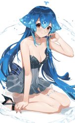 Rule 34 | 1girl, bao (vtuber), bao (vtuber) (1st costume), bare shoulders, black footwear, blue hair, blue nails, breasts, brown eyes, commentary, discoshoujo, dress, english commentary, grey dress, high heels, highres, indie virtual youtuber, jewelry, liquid hair, long hair, looking to the side, nail polish, necklace, sitting, small breasts, smile, solo, very long hair, virtual youtuber, wariza, white background