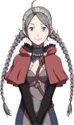 Rule 34 | 1girl, ahoge, between breasts, braid, breasts, cape, cleavage, fire emblem, fire emblem fates, grey hair, hairband, hood, hooded cape, nina (fire emblem), nintendo, official art, red cape, simple background, solo, twin braids, upper body