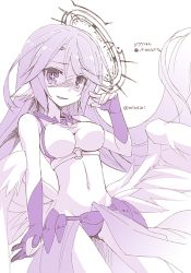 Rule 34 | 1girl, angel wings, spiked halo, crop top, cross, evil grin, evil smile, feathered wings, gloves, grin, halo, jibril (no game no life), long hair, looking at viewer, low wings, magic circle, midriff, minazoi kuina, monochrome, navel, no game no life, smile, solo, stomach, symbol-shaped pupils, twitter username, very long hair, wing ears, wings
