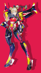 Rule 34 | 1girl, absurdres, blonde hair, blue eyes, double bun, fang, gloves, hair bun, hand on own hip, highres, ke yukikaze, looking at viewer, mecha musume, mechanical legs, mechanical wings, open hand, open mouth, original, red background, red bull, red gloves, science fiction, shadow, solo, spoiler (automobile), standing, wings
