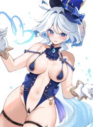 Rule 34 | 1girl, absurdres, ahoge, alternate breast size, alternate costume, ascot, bare shoulders, black ascot, blue eyes, blue gemstone, blue hair, blue hat, breast curtains, breasts, commentary request, covered erect nipples, drop-shaped pupils, furina (genshin impact), gem, genshin impact, gloves, hands up, hat, heart, heterochromia, highres, large breasts, light blue hair, looking at viewer, maebari, mindoll, mismatched pupils, navel, open mouth, partial commentary, revealing clothes, short hair, simple background, solo, symbol-shaped pupils, thigh strap, top hat, variant set, water drop, white gloves, white hair