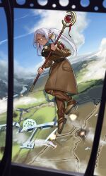 Rule 34 | 1girl, absurdres, aerial battle, aircraft, airplane, alternate costume, armband, battle, biplane, blue scarf, blue sky, bomber, boots, brown coat, brown footwear, buttons, camera, closed mouth, coat, commentary, contemporary, day, earrings, elf, explosion, floating, flying, frieren, full body, fur-trimmed coat, fur trim, green eyes, highres, holding, holding staff, jewelry, long hair, long sleeves, looking at viewer, mage staff, military, military uniform, military vehicle, outdoors, parted bangs, pocket, pointy ears, pzkpfwi, scarf, sky, solo, sousou no frieren, staff, twintails, uniform, white hair, world war i