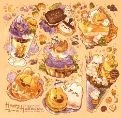 Rule 34 | 2022, animal-themed food, artist name, bat (animal), bow, broom, candy, candy corn, cantaloupe, cantaloupe slice, commentary, crescent moon, english commentary, english text, food, food focus, fork, fruit, ghost, glass, green bow, halloween, happy halloween, hat, highres, ice cream, ice cream cone, ice cream sandwich, macaron, moon, nao (bestrollever), no humans, orange background, original, parfait, pie, pie slice, plaid, plaid bow, plate, pocky, pumpkin, pumpkin pie, rabbit, simple background, smoke, star (symbol), star wand, trick or treat, whipped cream, witch hat