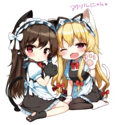 Rule 34 | 2girls, :3, ;d, animal ears, animal hands, bad id, bad twitter id, blonde hair, blush, bow, brown hair, cat ears, cat paws, cat tail, chibi, fang, gloves, hair bow, hakurei reimu, kemonomimi mode, long hair, looking at viewer, multiple girls, one eye closed, open mouth, paw gloves, purple eyes, red bow, red eyes, shnva, smile, tail, text focus, touhou, translation request, white bow, yakumo yukari