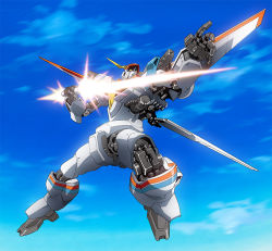 Rule 34 | beam saber, d-1, holding, holding sword, holding weapon, kikou senki dragonar, looking up, mecha, mechanical wings, no humans, platin (alios), pointing, robot, science fiction, sky, solo, sword, weapon, wings, yellow eyes