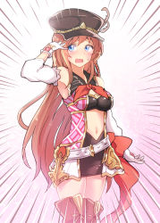 Rule 34 | 10s, 1girl, alternate costume, arito arayuru, bad id, bad pixiv id, black skirt, blue eyes, blush, detached sleeves, gloves, granblue fantasy, hat, hat feather, highres, lecia (granblue fantasy), long hair, looking to the side, miniskirt, navel, open mouth, orange hair, skirt, solo, thighhighs, wavy mouth, white gloves