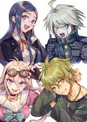 Rule 34 | 2boys, 2girls, :d, ahoge, amami rantaro, black gloves, black jacket, blue bow, blue eyes, blue hair, bow, bowtie, breasts, cleavage, danganronpa (series), danganronpa v3: killing harmony, dress shirt, earrings, facial mark, fingerless gloves, glasses, gloves, goggles, goggles on head, green hair, grin, hair between eyes, hand in own hair, index finger raised, inzup, iruma miu, jacket, jewelry, k1-b0, large breasts, long hair, looking at viewer, multiple boys, multiple girls, neck ribbon, necklace, open clothes, open jacket, open mouth, parted bangs, pink shirt, red ribbon, ribbon, rimless eyewear, ring, school uniform, shirogane tsumugi, shirt, silver hair, sketch, smile, spiked hair, striped clothes, striped shirt, tongue, tongue out, very long hair, white background, white shirt