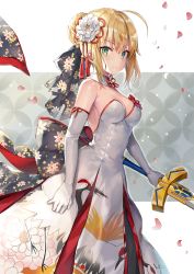 Rule 34 | 1girl, absurdres, ahoge, alternate costume, artoria pendragon (all), artoria pendragon (fate), bare shoulders, black bow, blonde hair, blush, bow, braid, breasts, closed mouth, collar, commentary request, detached collar, dress, elbow gloves, excalibur (fate/stay night), fate/stay night, fate (series), floral print, flower, from side, gloves, green eyes, hair between eyes, hair bun, hair flower, hair ornament, hair ribbon, highres, holding, holding sword, holding weapon, long dress, looking at viewer, medium breasts, momoko (momopoco), petals, pleated dress, print bow, red ribbon, revision, ribbon, saber (fate), short hair, sidelocks, single hair bun, solo, standing, strapless, strapless dress, sword, tsurime, v-shaped eyebrows, weapon, white collar, white dress, white flower, white gloves