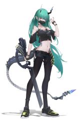 Rule 34 | 1girl, absurdres, bare shoulders, black footwear, black pants, black shirt, commentary request, crop top, full body, green hair, hand up, heterochromia, highres, holding, holding sword, holding weapon, horns, long hair, looking at viewer, mask, midriff, mouth mask, navel, off-shoulder shirt, off shoulder, original, pants, piao miao, purple eyes, red eyes, shirt, shoes, short sleeves, simple background, solo, standing, stomach, sword, tail, very long hair, weapon, white background