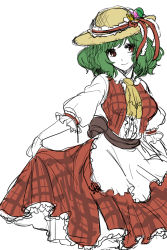 Rule 34 | 1girl, apron, ascot, bad id, bad pixiv id, clothes lift, female focus, green hair, hat, kazami yuuka, long skirt, partially colored, plaid, plaid skirt, plaid vest, red eyes, ririvery, short hair, simple background, sketch, skirt, skirt hold, skirt lift, smile, solo, sun hat, touhou, vest, waist apron