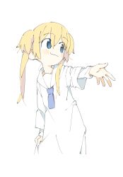 Rule 34 | 1girl, blonde hair, blue eyes, closed mouth, collared dress, cropped legs, dress, hair between eyes, highres, layered sleeves, long sleeves, original, outstretched arm, poyozoo (poyozoz), short over long sleeves, short sleeves, simple background, smile, solo, turning head, twintails, white background, white dress