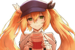 Rule 34 | 1girl, blonde hair, blue hat, blush, cafe, coffee, coffee cup, commentary, cup, disposable cup, dokibird (vtuber), english commentary, green eyes, haraya manawari, hat, highres, holding, holding cup, indie virtual youtuber, jacket, long hair, long sleeves, looking at viewer, smile, solo, twintails, very long hair, virtual youtuber