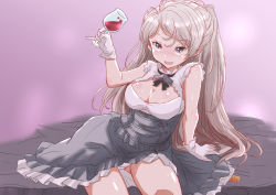 Rule 34 | 1girl, alcohol, breasts, cleavage, cleavage cutout, clothing cutout, conte di cavour (kancolle), conte di cavour nuovo (kancolle), cup, dress, drinking glass, frilled dress, frills, fuji (pixiv24804665), gloves, grey dress, grey eyes, grey hair, highres, holding, holding cup, kantai collection, large breasts, layered dress, long hair, sitting, solo, two-tone dress, two side up, white dress, white gloves, wine, wine glass