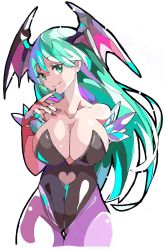 Rule 34 | 1girl, aqua eyes, aqua hair, arm behind back, bare shoulders, black leotard, breasts, bridal gauntlets, cleavage, closed mouth, clothing cutout, cowboy shot, demon girl, demon wings, enpe, fingernails, hand up, head wings, heart cutout, highres, large breasts, leotard, long hair, morrigan aensland, nail polish, pantyhose, pink nails, purple pantyhose, purple wings, simple background, smile, solo, strapless, strapless leotard, thigh gap, vampire (game), very long hair, white background, wings