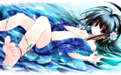 Rule 34 | 1girl, bare legs, barefoot, black hair, blue kimono, feet, flat chest, floral print, flower, foreshortening, hair flower, hair ornament, highres, japanese clothes, kimono, long hair, looking at viewer, lying, navel, no bra, on back, open clothes, red eyes, soles, solo, tenmu shinryuusai, toes, wallpaper, water, yukata