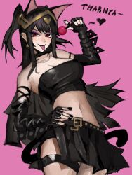 Rule 34 | :p, animal ears, bare shoulders, black hair, black nails, breasts, cat ears, cat tail, crop top, fire emblem, fire emblem awakening, highres, large breasts, long hair, miniskirt, nintendo, red eyes, saiykik, skirt, sleeveless, tail, tharja (fire emblem), tongue, tongue out, twintails