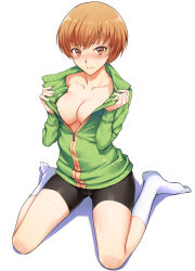 Rule 34 | 1girl, another story, bike shorts, blush, breasts, brown eyes, brown hair, cameltoe, cleavage, green jacket, highres, jacket, long legs, looking at viewer, no bra, open clothes, open jacket, persona, persona 4, persona 4 the golden, satonaka chie, short hair, simple background, sitting, socks, solo, track jacket, wariza, white background, white socks
