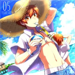 Rule 34 | 2boys, aki ma jiro, aoi kyosuke, aoi yusuke, blue sky, bracelet, brothers, character name, cloud, collared shirt, cup, fingernails, food, from behind, glasses, hair between eyes, hat, highres, holding, holding cup, ice cream, idolmaster, idolmaster side-m, jewelry, looking at viewer, male focus, multiple boys, navel, necklace, ocean, open clothes, open shirt, orange eyes, orange hair, shirt, short sleeves, siblings, sky, topless male, twins, utensil in mouth