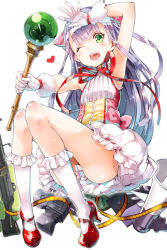 Rule 34 | 10s, 1girl, ;d, arm up, bobby socks, character request, cross regalia, dress, film reel, full body, gloves, green eyes, gun, high heels, holding, long hair, mary janes, megaphone, official art, one eye closed, open mouth, outbreak company, petralka anne eldant iii, shoes, silver hair, smile, socks, solo, wand, weapon, white background, wink, yuugen