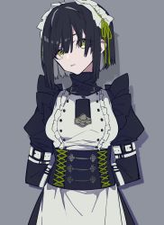Rule 34 | 1girl, arms behind back, black hair, bound, bound arms, breasts, corset, frills, green eyes, grey background, highres, looking at viewer, maid, maid headdress, mochizuki kei, original, parted lips, shadow, short hair, simple background, solo