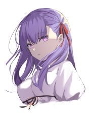 Rule 34 | 1girl, breasts, closed mouth, fate/stay night, fate (series), hair ribbon, long hair, looking at viewer, matou sakura, medium breasts, purple eyes, purple hair, red ribbon, ribbon, simple background, solo, spider apple, upper body, white background