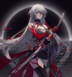 Rule 34 | 1girl, acheron (honkai: star rail), armor, armpit crease, bare shoulders, belt, black belt, black choker, black coat, black gloves, black hole, black shorts, blood, bloody tears, body markings, boots, breasts, bright pupils, choker, cleavage, closed mouth, coat, coattails, collaboration, colored extremities, commentary, cowboy shot, criss-cross halter, crop top, drawing sword, earrings, english commentary, flower, gloves, hair over one eye, halterneck, highres, holding, holding sword, holding weapon, honkai: star rail, honkai (series), jewelry, large breasts, looking at viewer, midriff, nyoto, official alternate color, red eyes, red flower, red hands, red petals, scabbard, sheath, shorts, shoulder armor, single glove, single thigh boot, single wide sleeve, solo, standing, sword, thigh boots, thighs, tsuume, twitter username, unsheathing, weapon, white hair, white pupils