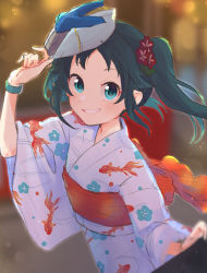 Rule 34 | 1girl, adjusting clothes, adjusting headwear, alternate hairstyle, animal print, antenna hair, aqua eyes, child, chobota, clenched hands, clenched teeth, eyelashes, female focus, fingernails, fish print, flat chest, green hair, hair ornament, hands up, happy, idolmaster, idolmaster cinderella girls, japanese clothes, kimono, long hair, looking at viewer, mask, mask on head, namco, nanjo hikaru, neck, obi, official alternate costume, orange sash, outdoors, outstretched hand, parted bangs, print yukata, sash, sidelocks, smile, spiked hair, standing, tanabata, teeth, traditional clothes, twintails, white yukata, wide sleeves, wristband, yukata
