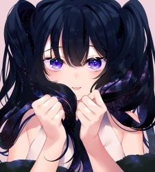 Rule 34 | 1girl, abstract, achiki, bad id, bad twitter id, bare shoulders, black hair, holding, holding hair, long hair, looking at viewer, off shoulder, original, purple eyes, sanpaku, shirt, sky, sleeveless, sleeveless shirt, solo, star (sky), starry sky, tongue, tongue out, twintails, upper body, white shirt