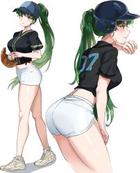 Rule 34 | 1girl, absurdres, alternate costume, ass, baseball, baseball cap, baseball glove, baseball helmet, baseball uniform, black shirt, blush, breasts, fire emblem, green eyes, green hair, hat, helmet, highres, large breasts, legs, long hair, looking at viewer, lyn (fire emblem), midriff, multiple views, navel, nintendo, ormille, ponytail, shirt, shorts, sportswear, sweat, thighs, very long hair, white background, white shorts
