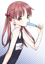 Rule 34 | 1girl, bad id, eating, flat chest, hair bobbles, hair ornament, highres, isshiki momo, long hair, looking at viewer, matsuryuu, one-piece swimsuit, popsicle, red eyes, red hair, school swimsuit, sketch, solo, swimsuit, twintails, vividred operation
