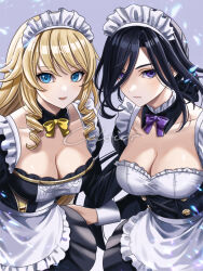 Rule 34 | 2girls, alternate costume, apron, artist name, black dress, blonde hair, blue eyes, blue hair, bow, bowtie, breasts, cinquecento, cleavage, clorinde (genshin impact), closed mouth, commentary request, dark blue hair, detached collar, dress, drill hair, frilled apron, frills, genshin impact, hair over one eye, large breasts, long hair, looking at viewer, maid, maid apron, maid headdress, multiple girls, navia (genshin impact), necktie, open mouth, purple bow, purple bowtie, purple eyes, twin drills, waist apron, white apron, wrist cuffs, yellow necktie