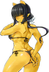 Rule 34 | 1girl, adjusting clothes, ass, back, bikini, black bikini, black hair, blush, butt crack, closed mouth, colored skin, contrapposto, covered eyes, fingernails, from behind, hair over eyes, hair ribbon, hand up, horns, long hair, looking at viewer, looking back, muscular, muscular female, nail polish, oni, oni horns, original, pointy ears, ponytail, ribbon, sharp fingernails, side-tie bikini bottom, simple background, skj, solo, standing, swimsuit, white background, white nails, white ribbon, yellow skin